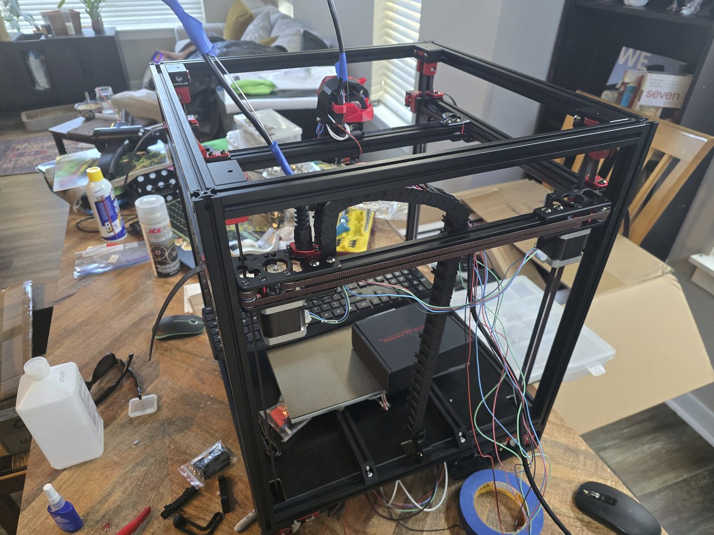 3D printer gantry and wiring during assembly